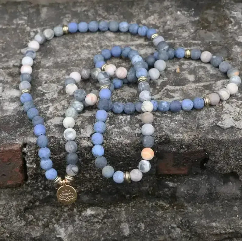 108 Beads Mala Lotus Bracelet-Mala Prayer Bead Necklace-8MM Matte Blue Stone Bracelet-Meditation Yoga Bracelet-Spiritual Chakra Bracelet