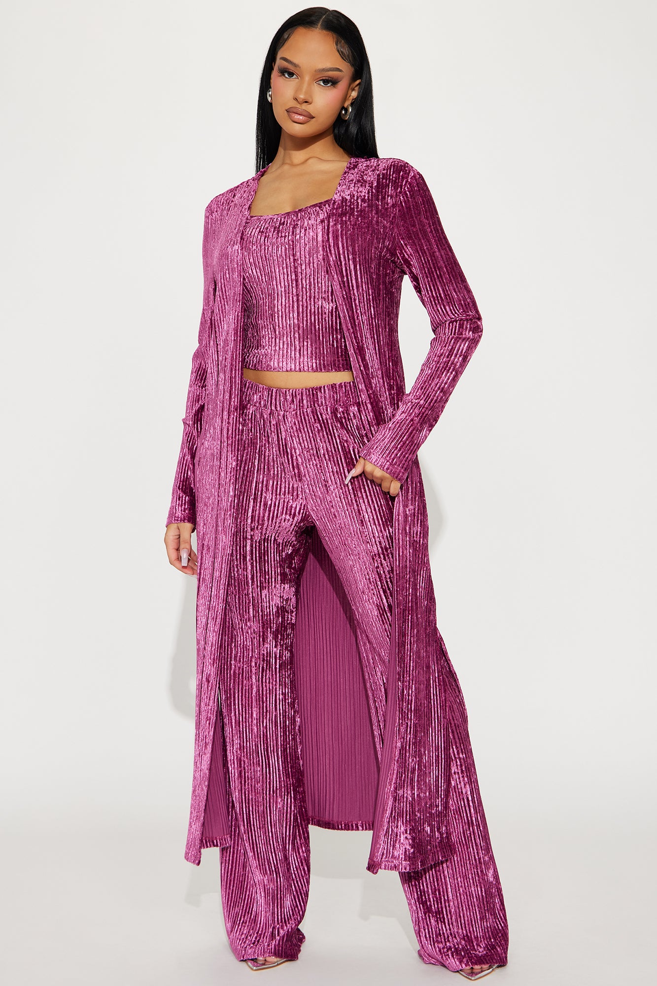 Carrie 3 Piece Velvet Plisse Pant Set - Plum