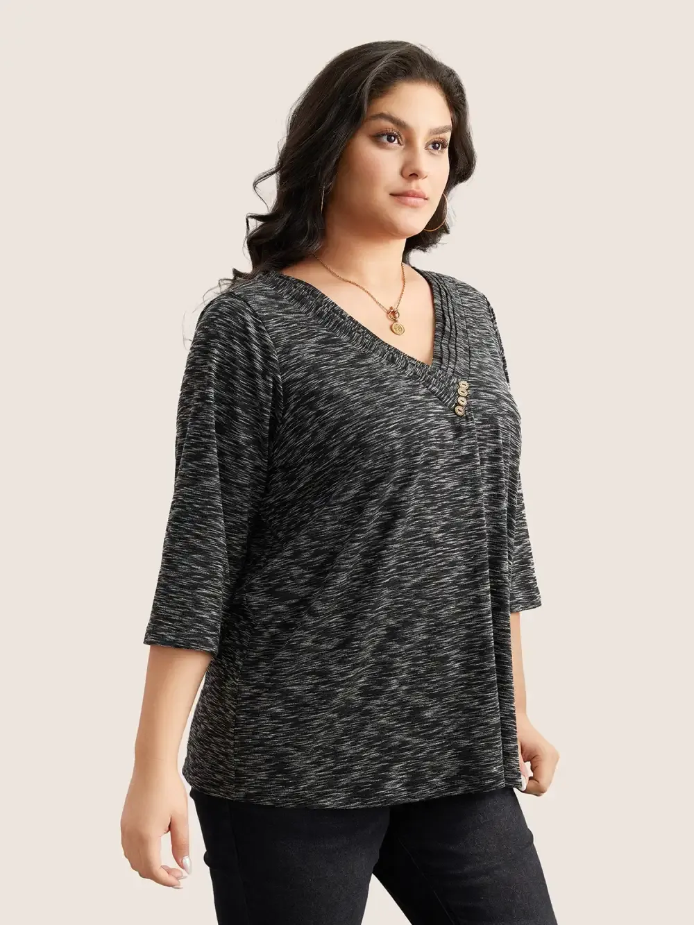 Heather Pleated Button Detail T-Shirt