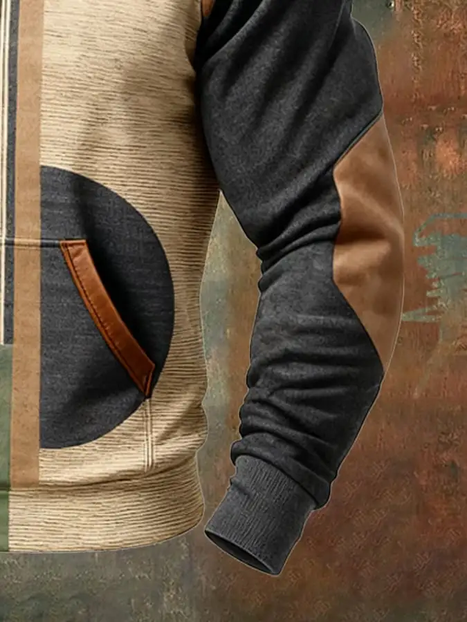 Men's Retro Distressed Color Block Print Casual Long Sleeve Sweatshirt