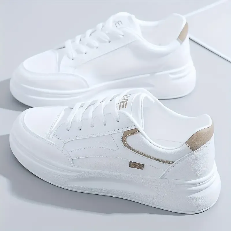 Stylish White Platform Lace Up Shoes for Women - Elevate Your Height, Versatile Low Top Design, Breathable Outdoor Walking Shoes with Comfortable Fit