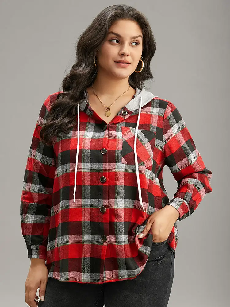 Plaid Patchwork Hooded Drawstring Button Through Jacket