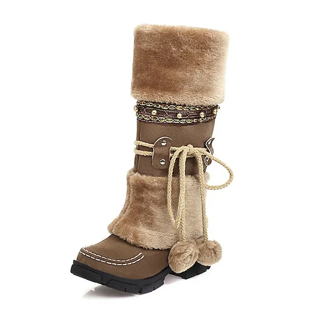 Women's Boots Snow Boots Plus Size Outdoor Daily Fleece Lined Knee High Boots Winter Bowknot Pom-pom Chunky Heel Round Toe Casual Industrial Style PU Lace-up Black Purple Brown