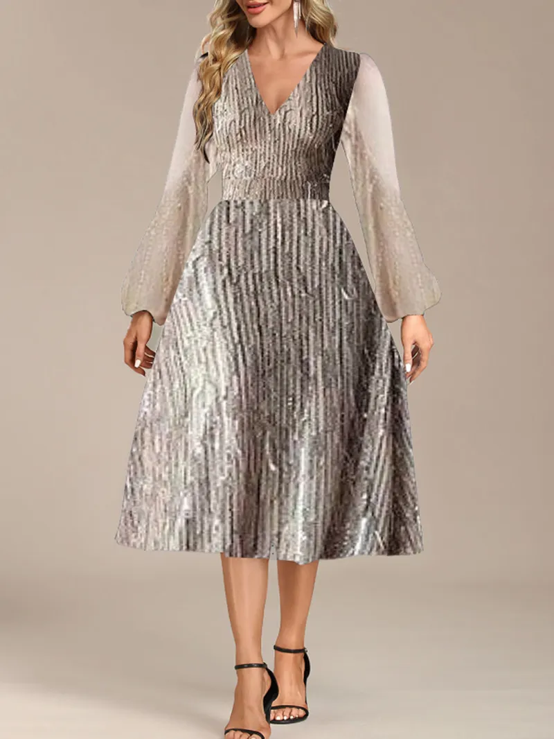 V-neckline Khaki cocktail dress with lantern sleeves full skirt skirt with waist