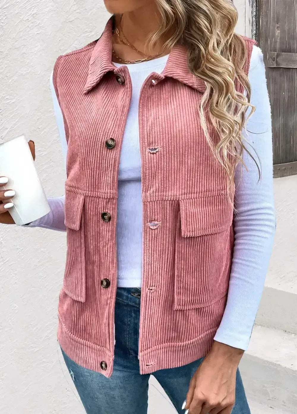 Dusty Pink Button Up Turn Down Collar Corduroy Waistcoat