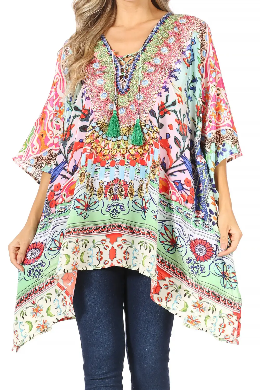 Women's Caftan Poncho Cover up V neck Top Lace up With Rhinestone