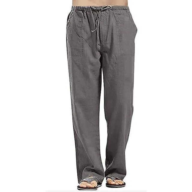 Men's Linen Pants Trousers Summer Pants Beach Pants Pocket Drawstring Elastic Waistband Plain Comfort Breathable Full Length Daily Streetwear Linen / Cotton Blend Fashion Casual / Sporty Loose Fit
