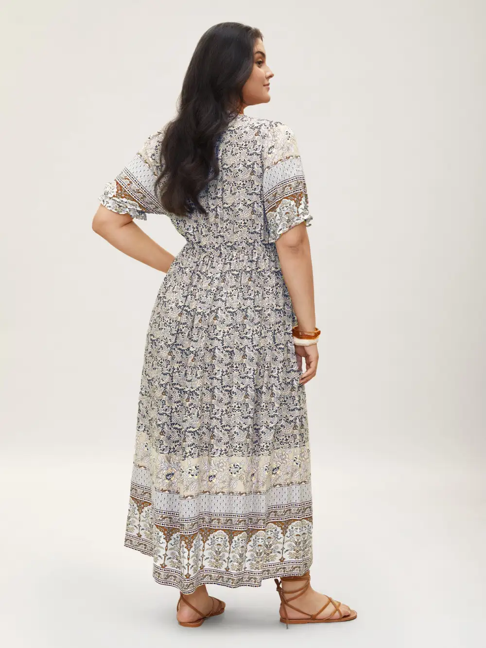 Boho Print Notched Ties Tassel Trim Dress