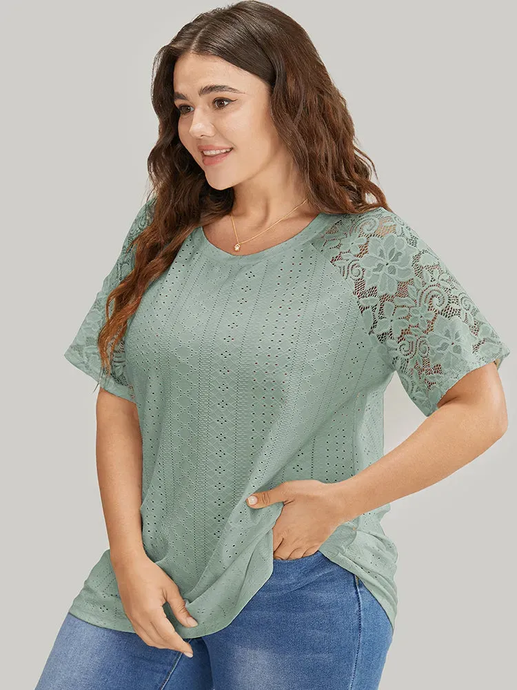 Solid Broderie Anglaise Lace Raglan Sleeve T-shirt