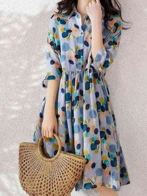 Original Polka-Dot Lapel Short Sleeves A-Line Midi Dress