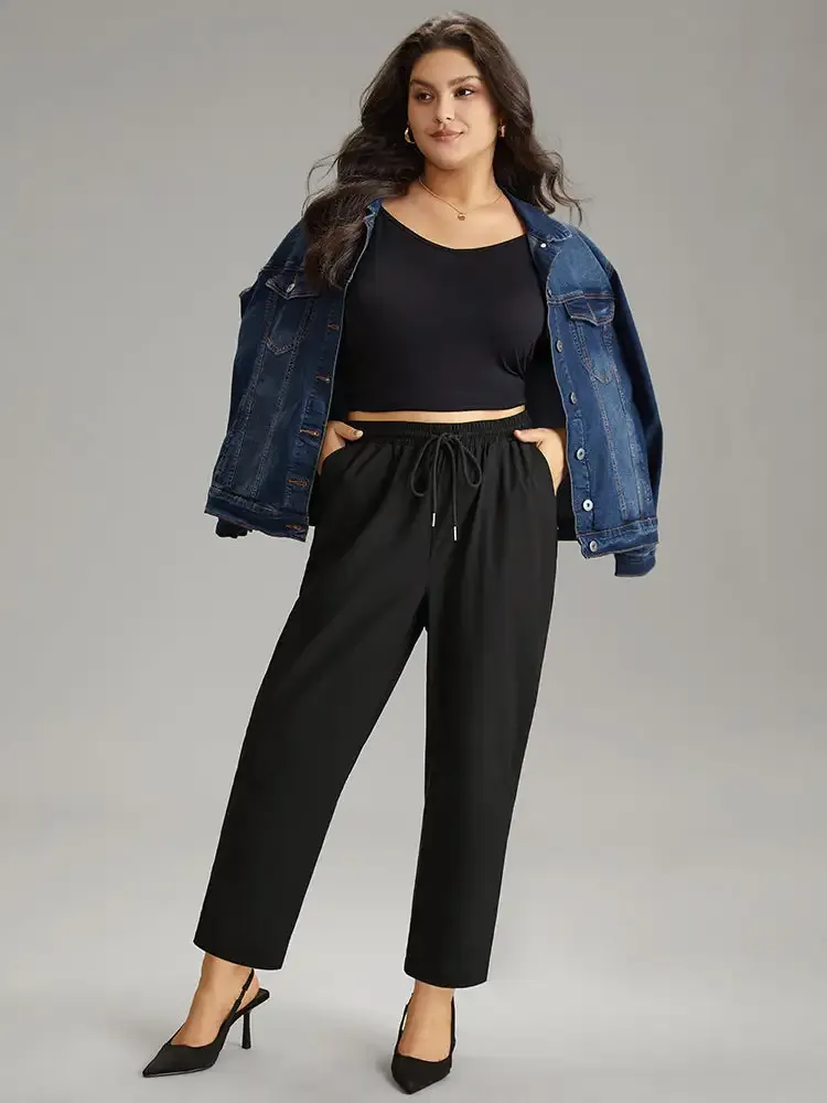 Solid Drawstring Pocket Elastic Waist Pants