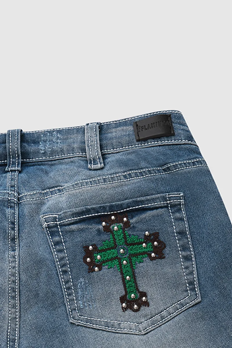 Cross Embroidery Studded Ripped Bootcut Jeans