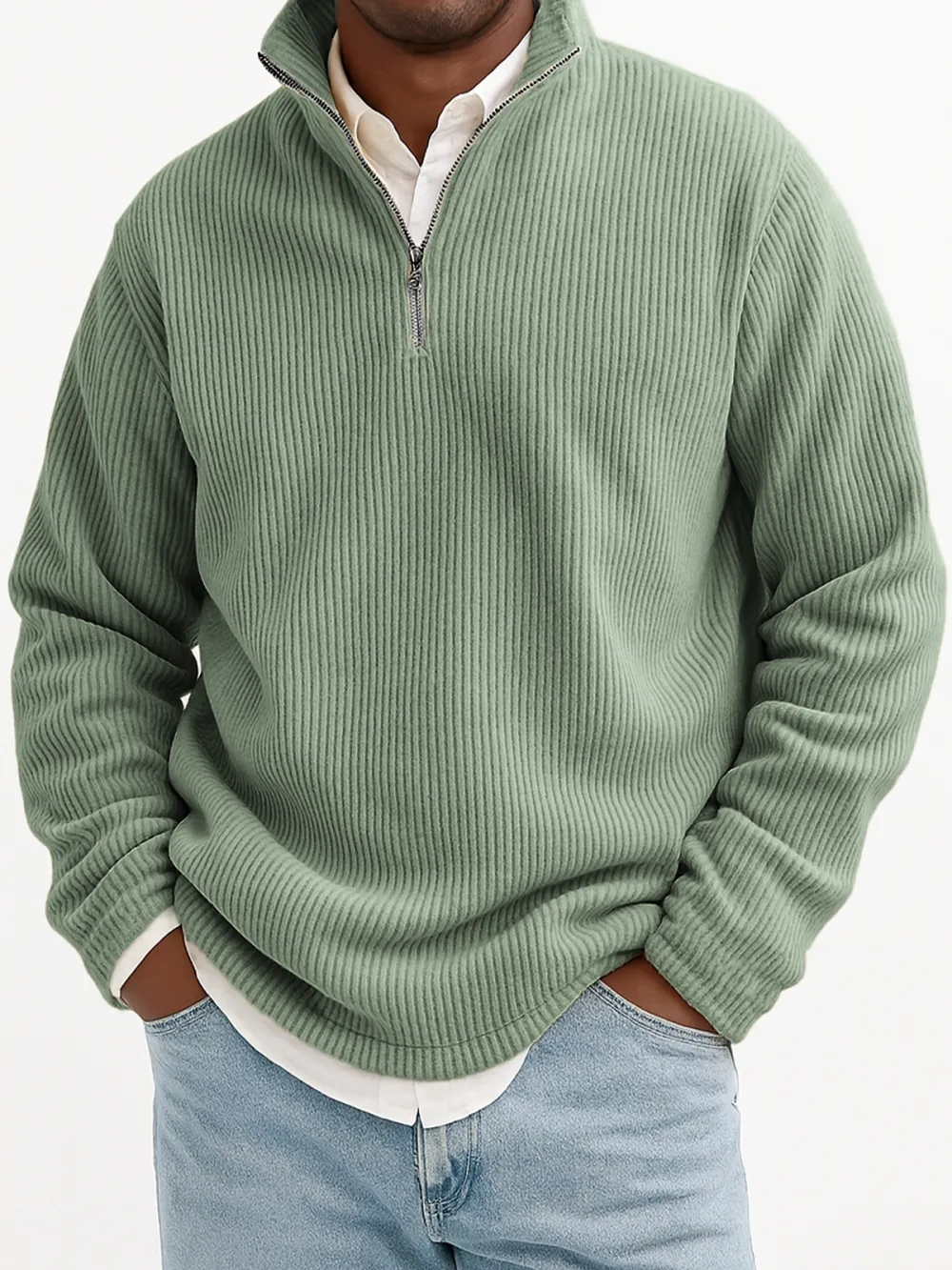 Men's Stylish Quarter-Zip Corduroy Ribbed Polo Sweatshirt
