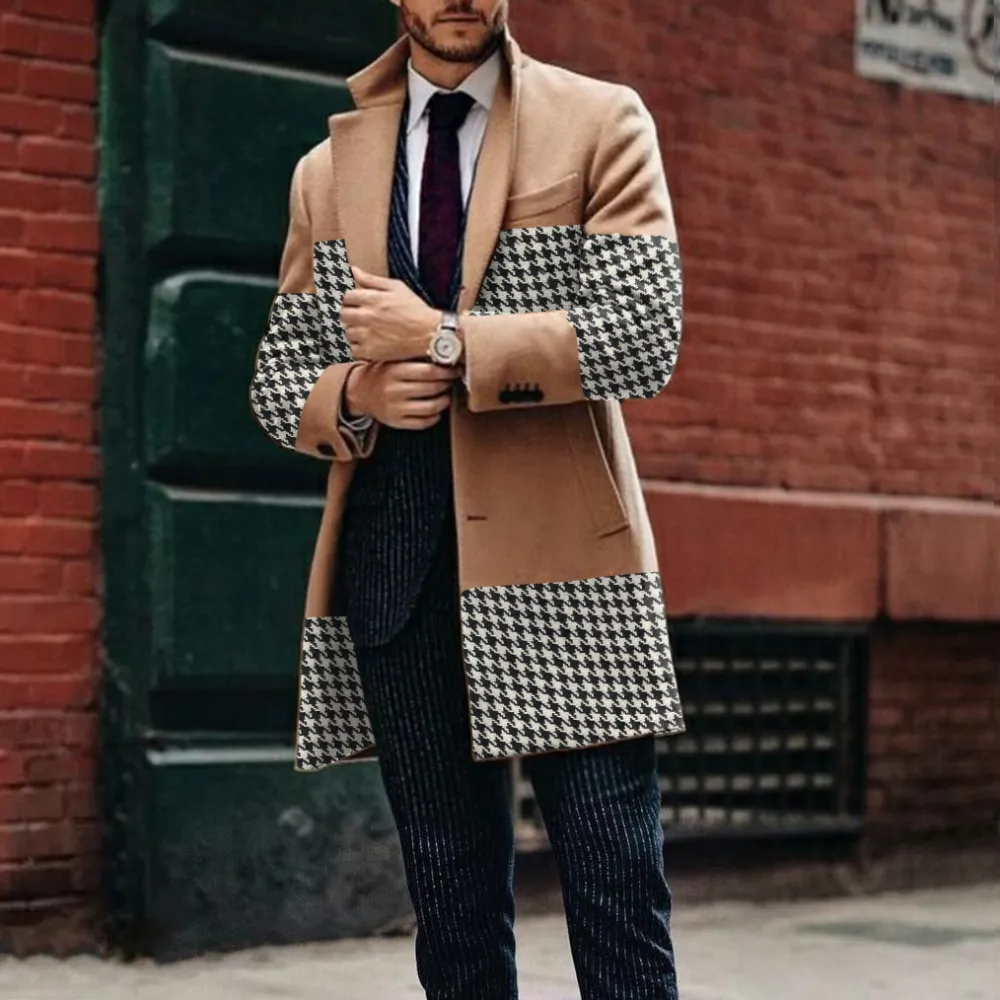 Mens Khaki Patchwork Houndstooth Coat