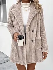 Women's Winter Coat Sherpa Jacket Comfortable Breathable Pocket Buttons Casual Plain Vacation Street Casual Daily Wear Double Breasted Regular Turndown Regular Fit Long Sleeve Outerwear Khaki Spring