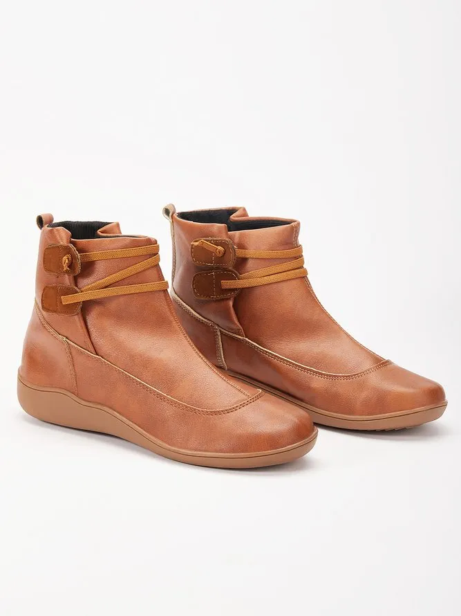 Vintage Women Casual Braided Strap Breathable Lether PU Flat Heel Classic Boots
