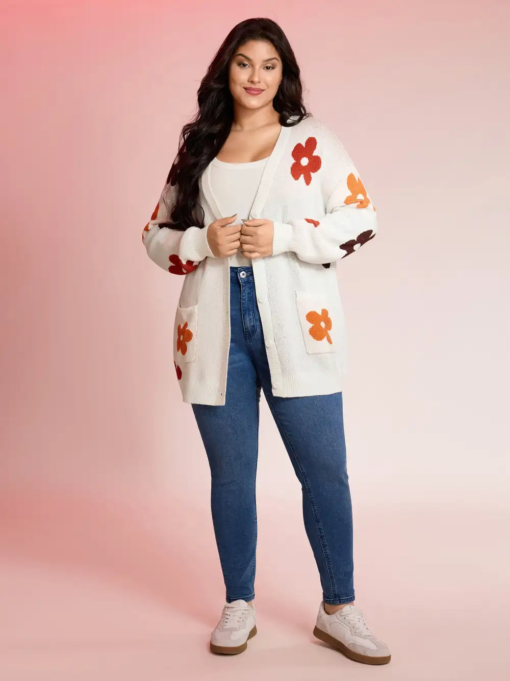 Floral Print Pockets Button-Front Knit Cardigan