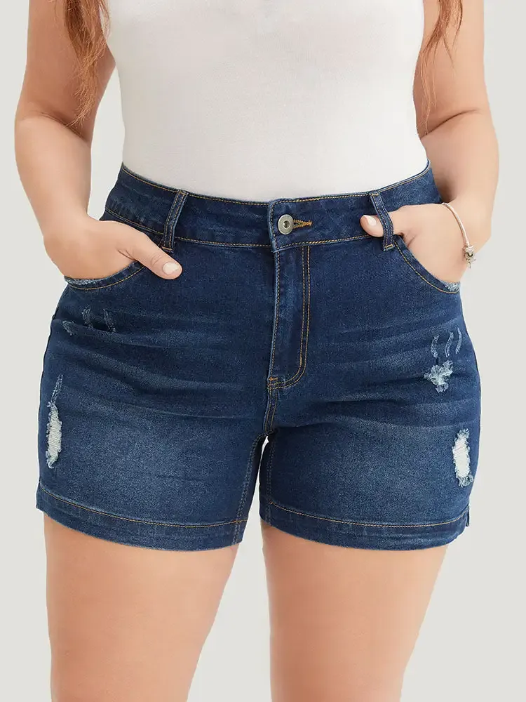 Moderately Stretchy High Rise Dark Wash Distressed Denim Shorts