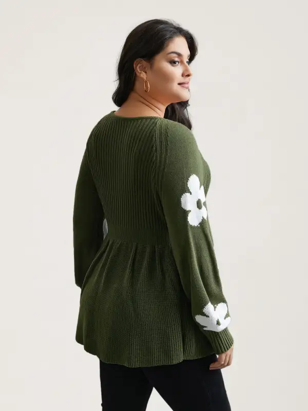 Floral Patch Jacquard Cinched Waist Pullover