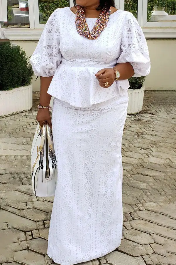 White Puff Sleeve Peplum Skirt Set