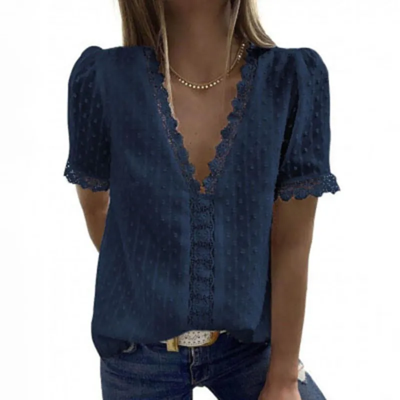Solid V-Neckline Short Sleeve Blouses