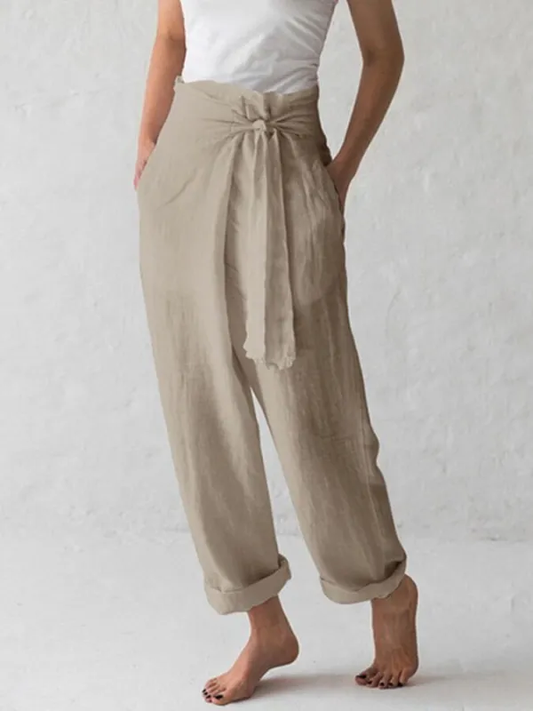 Cotton Linen Lace Up Casual Pants