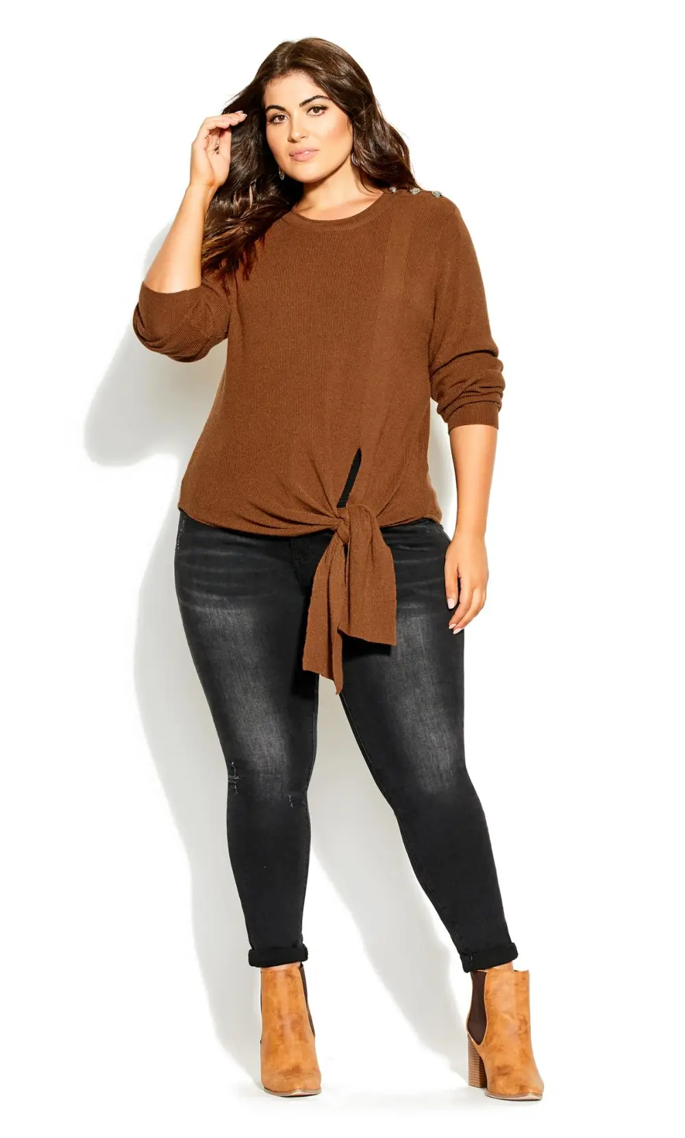 Evans Brown Tie Front Gold Button Jumper
