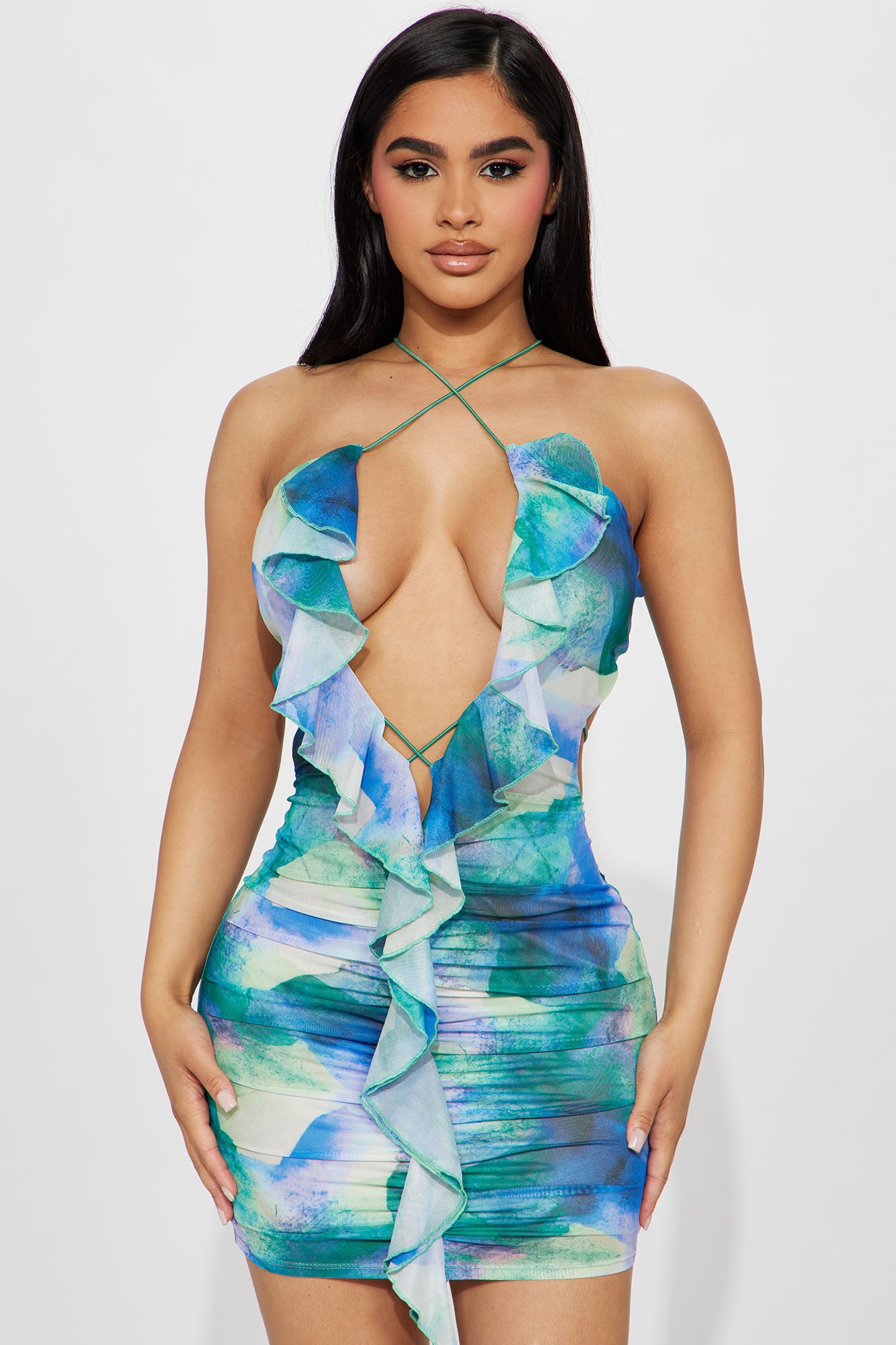 Ariel Mesh Ruched Mini Dress - Green/combo