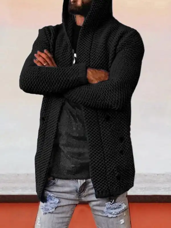 Solid Hooded Holey Sweater Coat