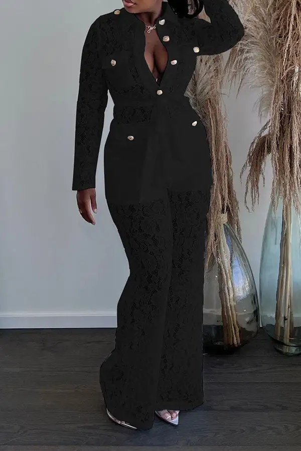 Lace Classic Single Breasted See-Through Pant Suit