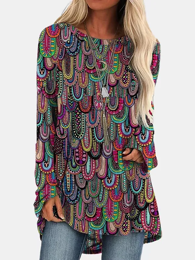 Women's T shirt Tee Burgundy Tee Tunic Shirts Marron Yellow Light Green Geometric Plaid Print Long Sleeve Casual Vintage Tunic Ethnic Round Neck Regular Fit Bohemian Theme Geometric Plus Size Fall