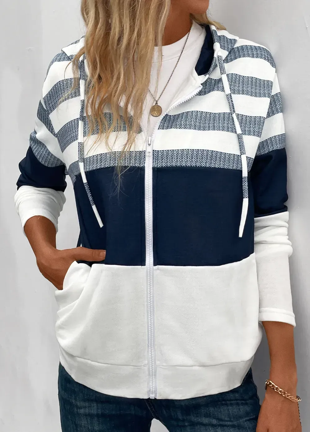Navy Pocket Striped Long Sleeve Hooded Coat