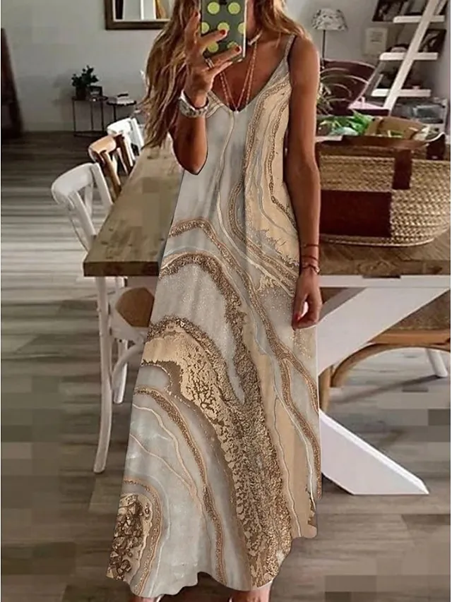 Women's Casual Dress Long Dress Maxi Dress Khaki Sleeveless Print Print Spring Summer V Neck Casual Weekend 2023 S M L XL XXL 3XL