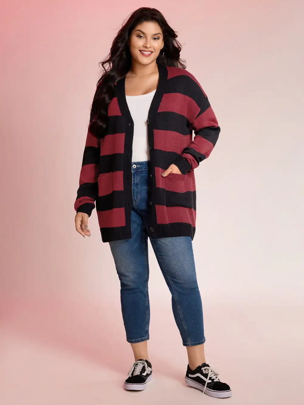 Colorblock Pockets Button Straight-Front Cardigan