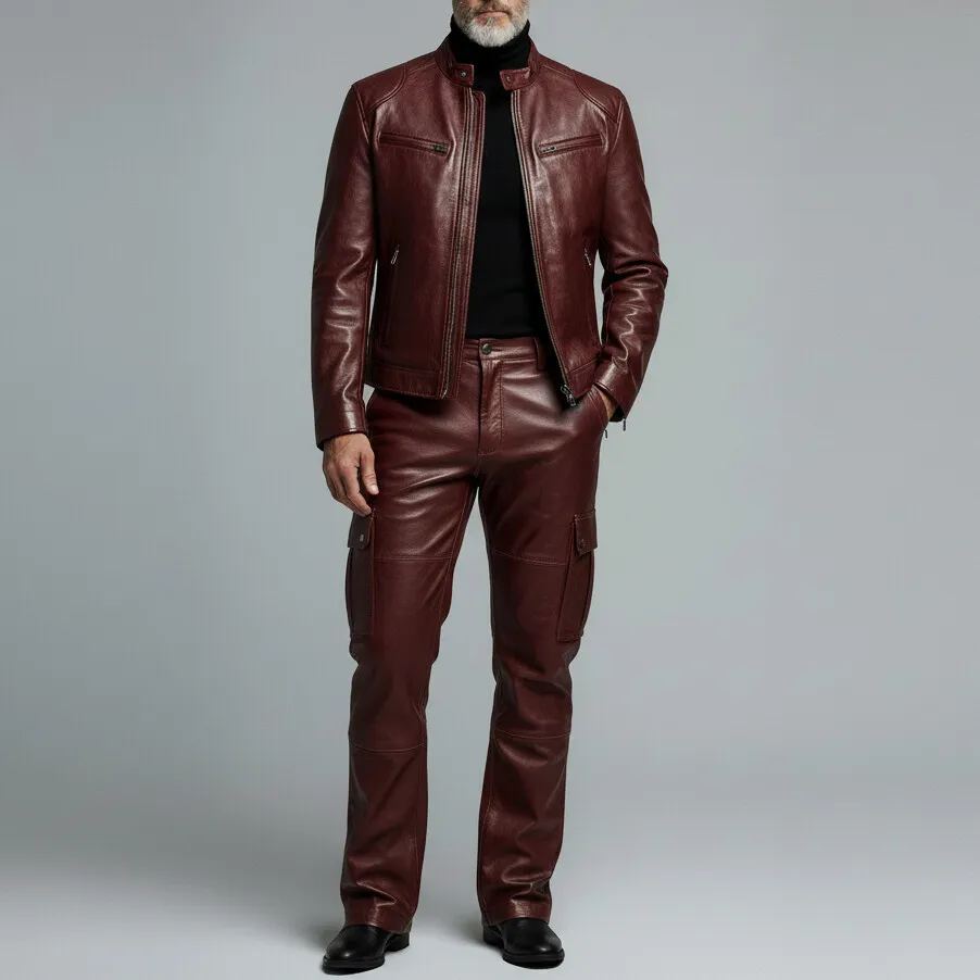 Men's Burgundy PU Leather Stand Collar Zipper Jacket & Cargo Pants 2Pcs Set