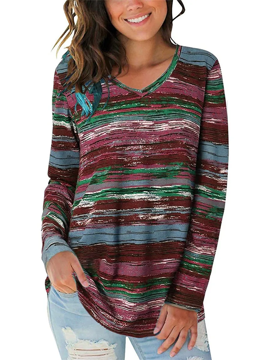 Women's Long Sleeve V-neck Striped Printed Top