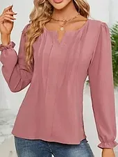 Women's Blouse Solid Color Elegant Daily Stylish Long Sleeve Puff Sleeve V Neck Regular Tops Work Daily Holiday Black Pink Summer Spring Fall
