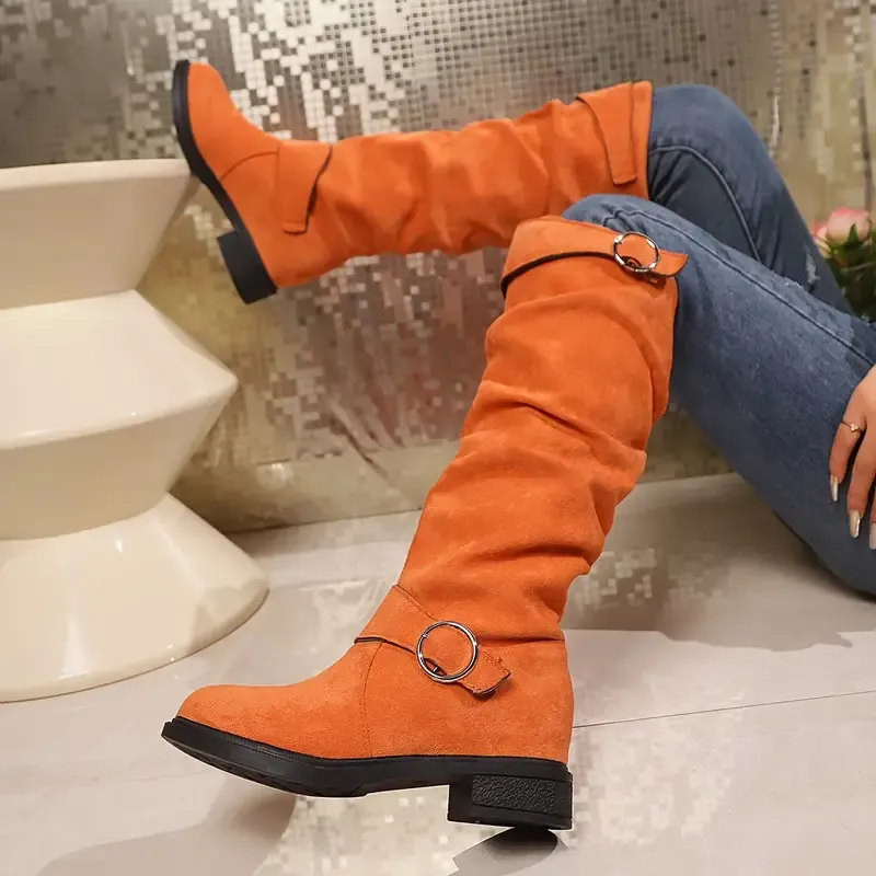 Women's Solid Color Trendy Boots, Buckle Belt Pull On Chunky Heel High Knee Boots