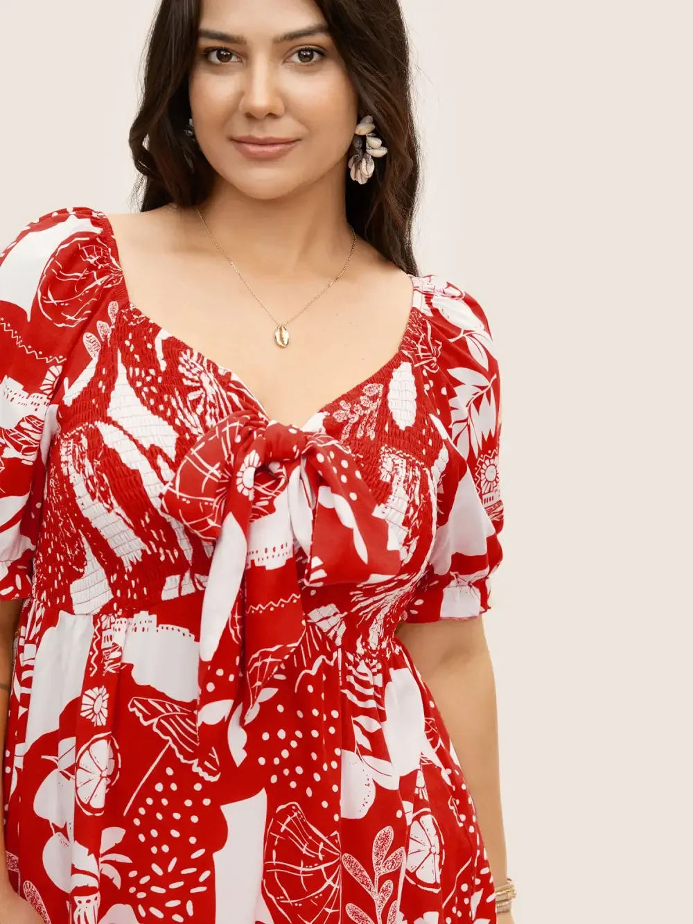 Tropical Print Bowknot Shirred Lantern Sleeve Blouse