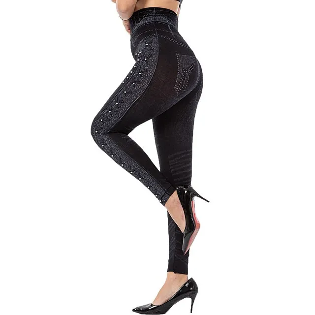 Women's Tights Leggings Jeggings Plain Tummy Control Butt Lift Ankle-Length Casual Weekend Faux Denim Fashion Skinny Black Blue High Waist High Elasticity