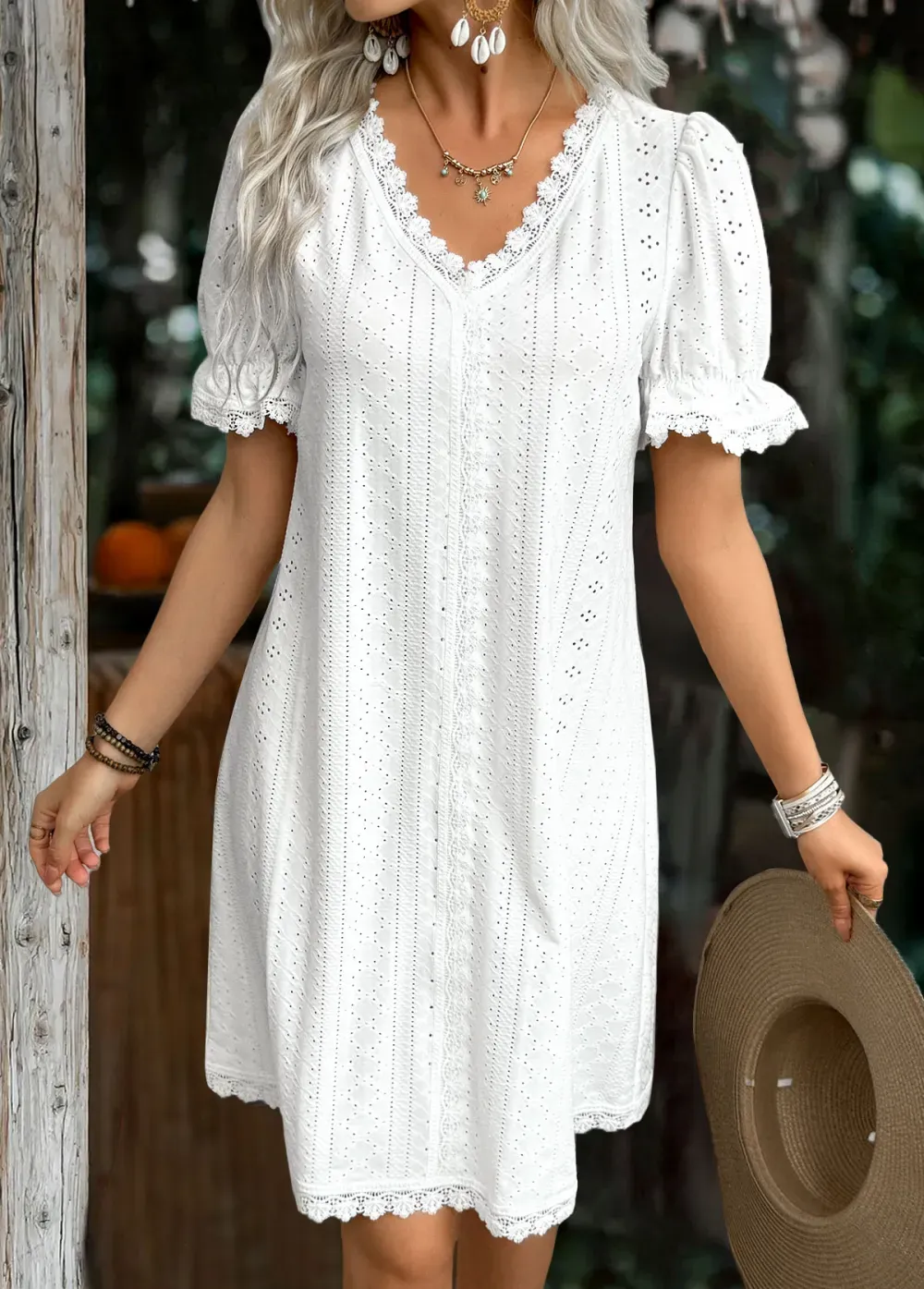 White Short Sleeve V Neck Dress