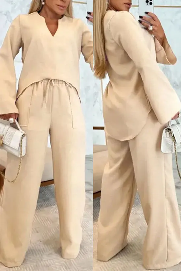 Casual Drawstring Pocket High Low Pant Set