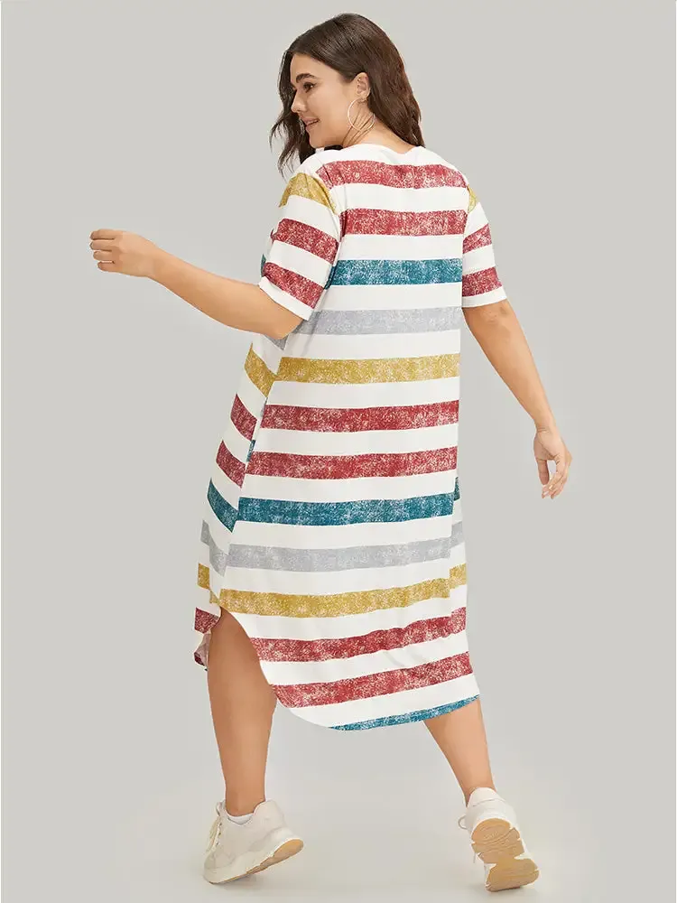 Striped Contrast Arc Hem V Neck Pocket Dress
