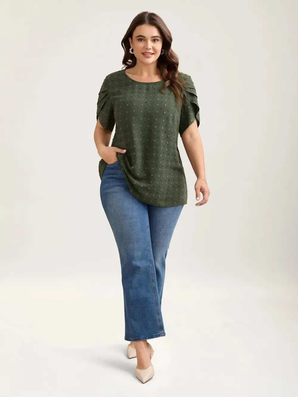 Textured Color Contrast Petal Sleeve Blouse