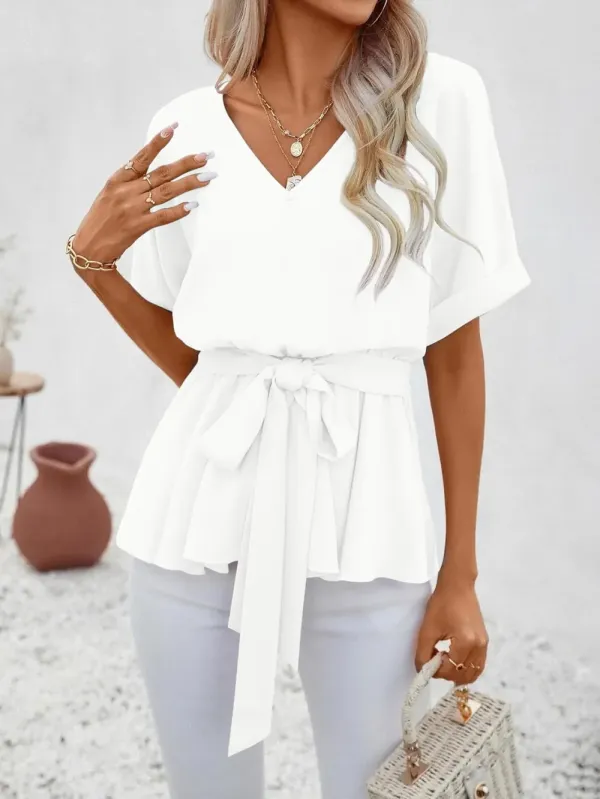 ✨Womens V Neck Blouse Short Sleeve Belted Casual T-Shirts Basic Tee Tops