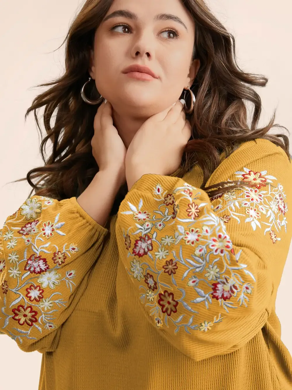 Waffle Knit Floral Embroidered Lantern Sleeve T-Shirt