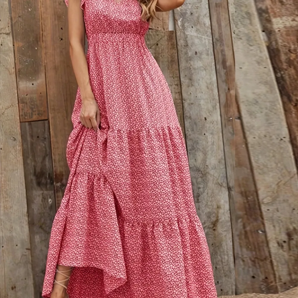 Ditsy Floral Print High Waist Dress, Elegant Ruffle Trim Sleeveless V Neck Maxi Dress, Women's Clothing