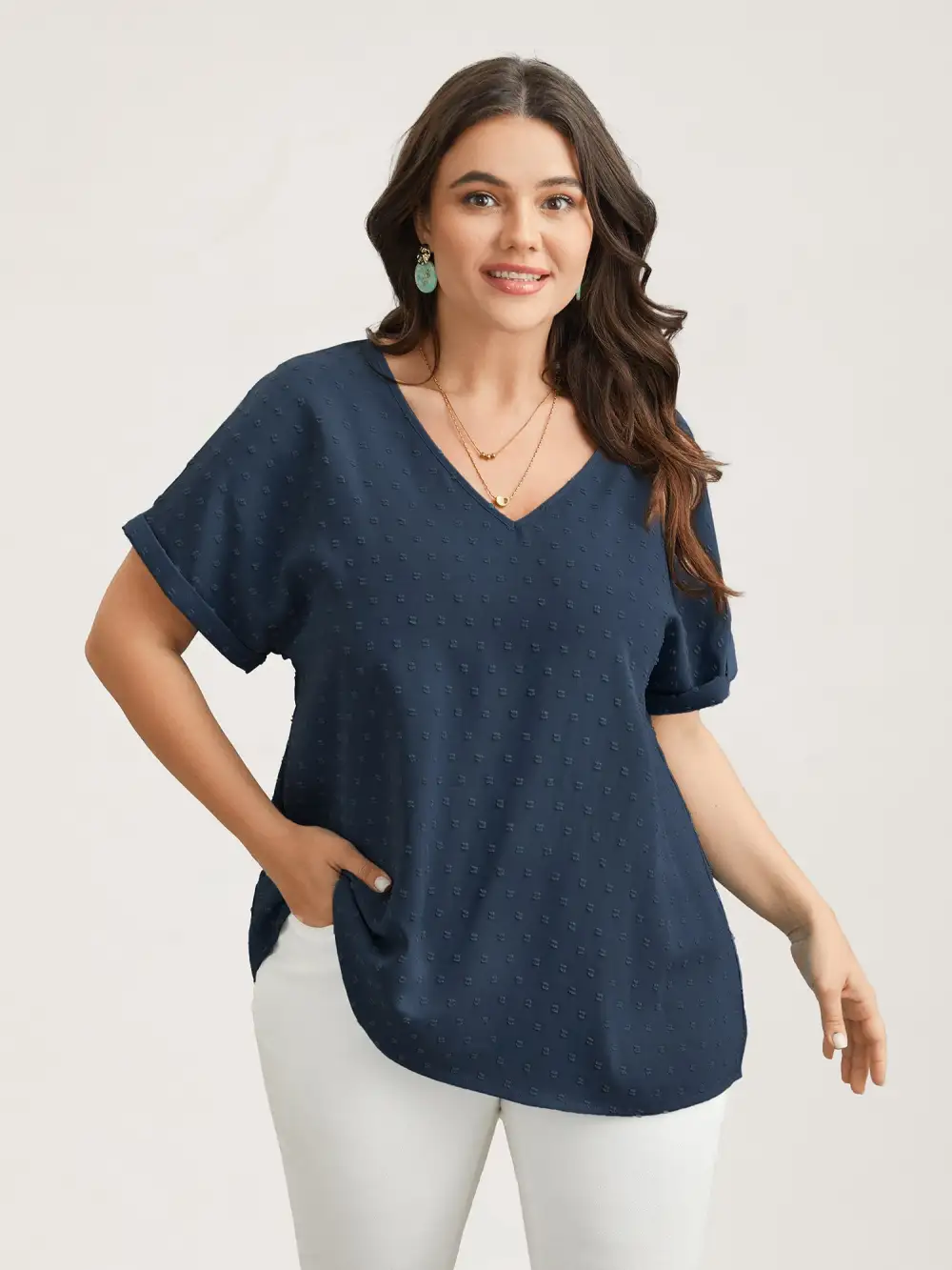 Back-Button Textured V-Neck Shirt