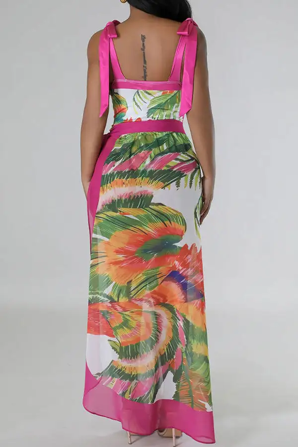 Abstract Print Patchwork Tropical Lace-Up Three-Piece Set