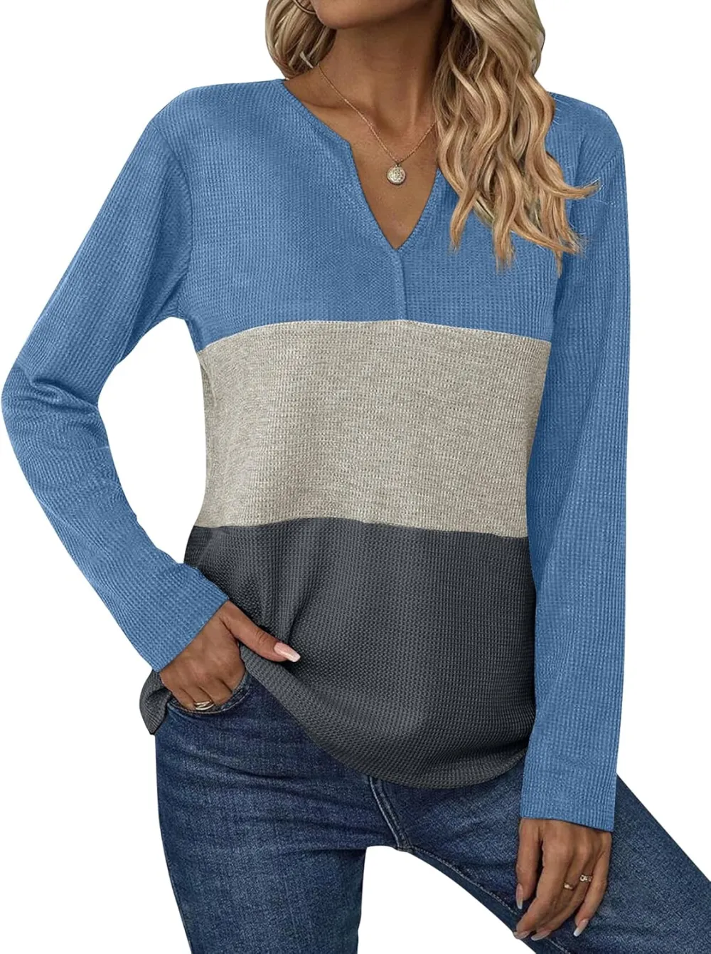 Women's Waffle Shirts V Neck Long Sleeve Tops Color Block T-Shirts Casual Tunics 2024 Fashion Basic Tees